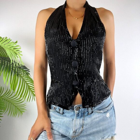 Vintage 90s Grunge Silk Beaded Whimsygoth Glam Baddie Vest Halter Top / Sz: 6 - Picture 1 of 5